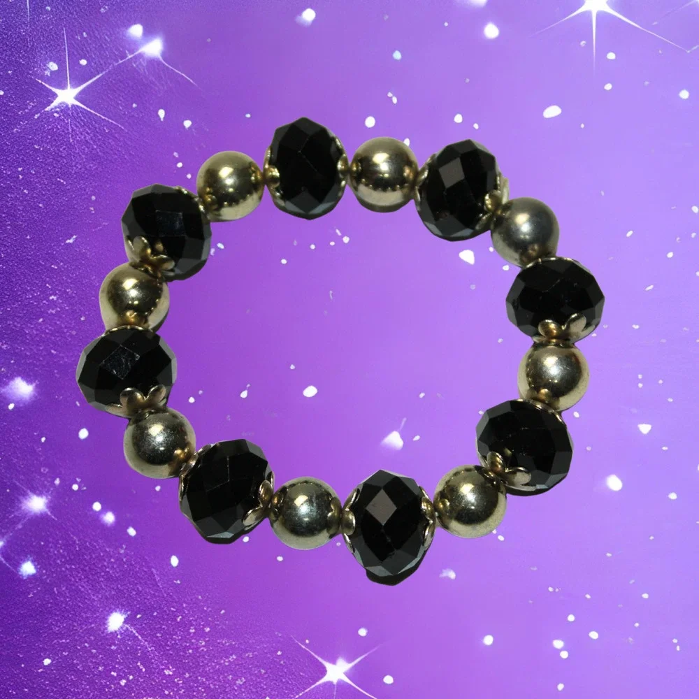 Gold Tone and Black Faceted Rondelle Glass Bead Stretch Bracelet